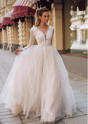 Golden Beige Sparkle Embroidery Wedding Dress